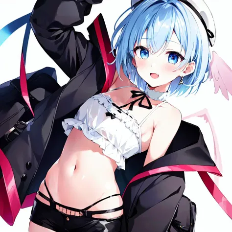 amemiya nazuna,solo,1girl,<lora:amemiya nazuna:0.7>,1girl, shorts, heterochromia, wings, fang, halo, hat, angel wings, virtual youtuber, white headwear, navel, black shorts, short shorts, frilled shirt, cleavage cutout, blue eyes, clothing cutout, looking at viewer, short hair, white hair, thigh strap, shirt, skin fang, panty straps, solo, pink eyes, ribbon, white shirt, frills, open mouth, jacket, panties, breasts, multicolored hair, small breasts, braid, single wing, angel, black panties, white jacket, underwear, smile, long sleeves, detached wings, open clothes, crop top, white background, simple background, off shoulder, jewelry, pink hair, :d, blush, midriff, beret, earrings, cleavage, eyes visible through hair, micro shorts, sleeves past wrists, black ribbon, key, highleg panties, thighs, belt, cowboy shot