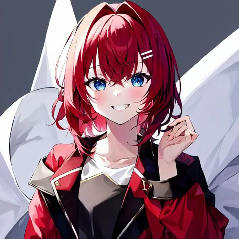 ange katrina,solo,1girl,<lora:ange katrina:0.8>,1girl, ange katrina, virtual youtuber, solo, blue eyes, red hair, v, double v, smile, looking at viewer, hair between eyes, hair ornament, jacket, white background, hair intakes, long sleeves, short hair, bangs, blush, hairclip, simple background, red jacket, black jacket, shirt, grin, off shoulder