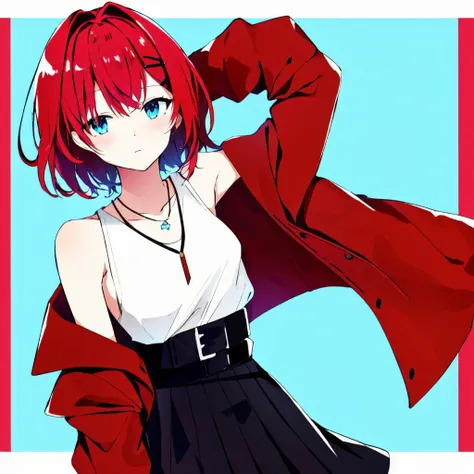 ange katrina,solo,1girl,<lora:ange katrina:0.8>,1girl, ange katrina, solo, virtual youtuber, red jacket, skirt, blue eyes, red hair, black skirt, shirt, hair intakes, jacket, hair ornament, looking at viewer, sleeveless, short hair, white shirt, hair between eyes, hairclip, long sleeves, sleeveless shirt, collarbone, bangs, off shoulder, blush, bare shoulders, two-tone background, hand up, pleated skirt, open clothes, cowboy shot, jewelry, head tilt, open jacket, simple background, necklace, blue background, sleeves past wrists, color guide, belt, closed mouth, border