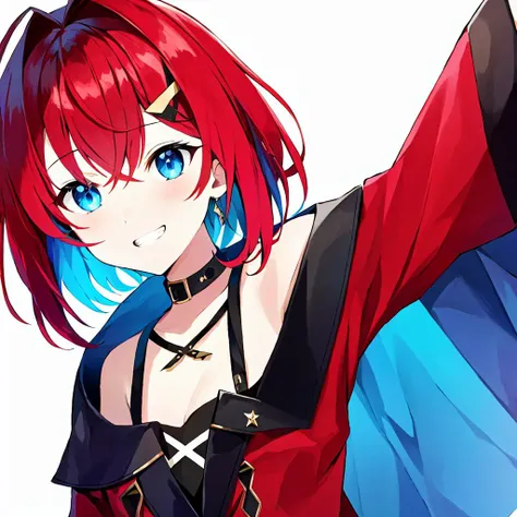 ange katrina,solo,1girl,<lora:ange katrina:0.8>,1girl, ange katrina, virtual youtuber, solo, blue eyes, red hair, v, double v, smile, looking at viewer, hair between eyes, hair ornament, jacket, white background, hair intakes, long sleeves, short hair, bangs, blush, hairclip, simple background, red jacket, black jacket, shirt, grin, off shoulder