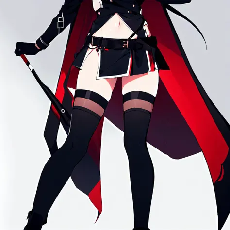 nui_sociere,<lora:nui_sociere:1.0>,1girl, female pubic hair, pubic hair, solo, gloves, thighhighs, black gloves, virtual youtuber, navel, cape, black dress, belt, red cape, dress, no panties, boots, grey background, black thighhighs, simple background, thighs, lower body