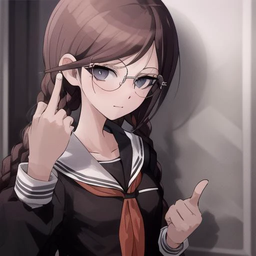 masterpiece, best quality, highres,  <lora:Toko1DG:1>, 1girl, solo, skirt, school uniform, neckerchief, pleated skirt, long sleeves, sailor collar, looking at viewer, black skirt, red neckerchief, ((black shirt)), glasses,  (middle finger:1)