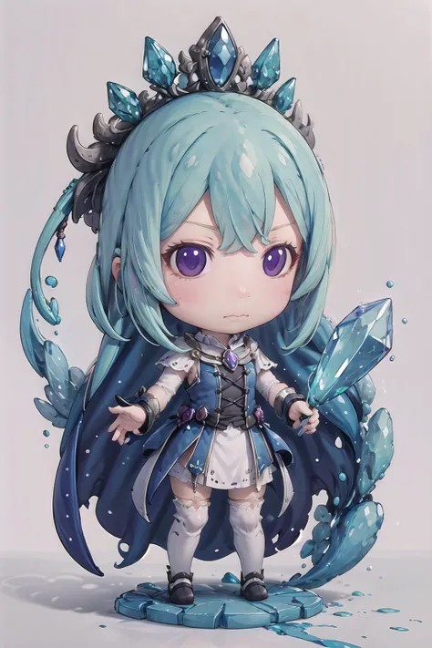masterpiece, best quality, doll, chibi ,standing, dinamic pose, looking at viewer:1.2,A sorceress in a blue gown gazes into a crystal ball, her expression grave as she divines the location of a powerful artifact. , from front:1.2, <lora:clay2a:0.8>