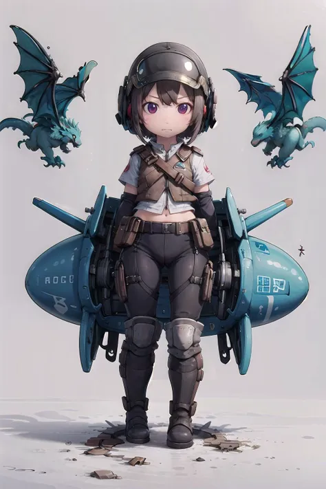 masterpiece, best quality, doll, chibi ,standing, dinamic pose, looking at viewer:1.2,Dragon Rider, A padded leather vest with metal plates, and a helmet with a visor, riding boots and gloves, High in the sky, Pursuing an enemy airship in a dogfight, Navigating their dragon through aerial acrobatics while firing a crossbow, Focused determination , from front:1.2, <lora:clay2a:0.8>