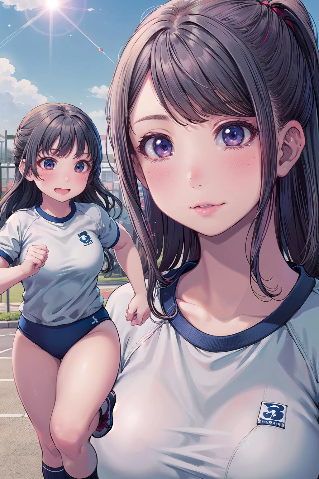 (masterpiece:1.2), best quality, illustration,beautiful drawing of a cute age 2girls, (detailed face:1.3), (red buruma:1.1), long hair, swept bangs, (white gym uniform:1.2) (running:1.20), happy, blue sky, outdoors, school, high resolution, 8k, balanced composition, caustics , <lora:trueBuruma_v25:0.2>