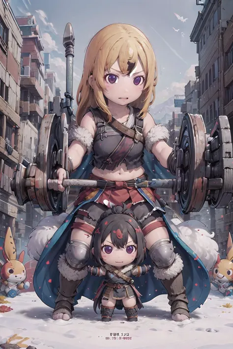 masterpiece, best quality, doll, chibi ,standing, dinamic pose, looking at viewer:1.2,Barbarian, fur loincloth, war paint, great axe. Charging headlong into battle against a tribe of enemy warriors, his battle cry echoing across the battlefield. , from front:1.2, <lora:clay2a:0.8>
