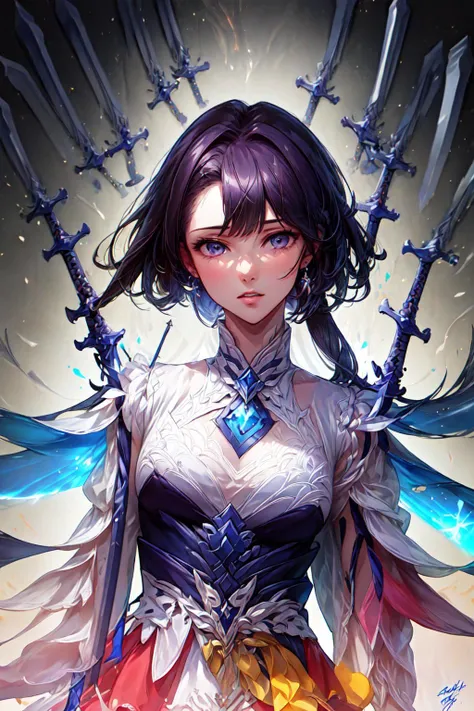 1girl,violet hair, wanjian, weapon , ((multiple floating weapon:1.6)), (body aura:1.4),channeling , hair floating, <lora:wanjian01:1>, <lora:add_detail:1>,
//
volumetric lighting, dynamic lighting, dynamic composition, reflection, caustics, subsurface scattering, (masterpiece, best quality, ultra-detailed, best shadow), high contrast, (best illumination, an extremely delicate and beautiful), ((cinematic light)), colorful, hyper detail, dramatic light, intricate details, stunning gradient colors, no watermark signature,(detailed background),(ultra detailed), (best shadow:1.1)+++++,(high contrast)+++,(best illumination)+++,
//
, (()), Anime, Manga, RTX, SSAO, ((upper body:1.2)), portrait, (8k resolution), 8k, 8kres, 8k res, absurdres, high resolution, ((high quality:1.2, masterpiece:1.2)), , (()), Anime, Manga, RTX, SSAO, ((upper body:1.2)), portrait, (8k resolution), 8k, 8kres, 8k res, absurdres, high resolution, ((high quality:1.2, masterpiece:1.2)),