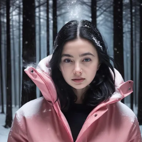 marina_mazepa, <lora:MarinaMazepaXL:1>,A portrait of a woman with long hair, black hair, icy hair, ice in hair, wearing a pink parka, black pullover, blue jeans, freezing, deep in the woods, dark forest at((night, dark night, cold night,visible breath, condensing breath, steam)), winter, snow, snowing, snowflakes