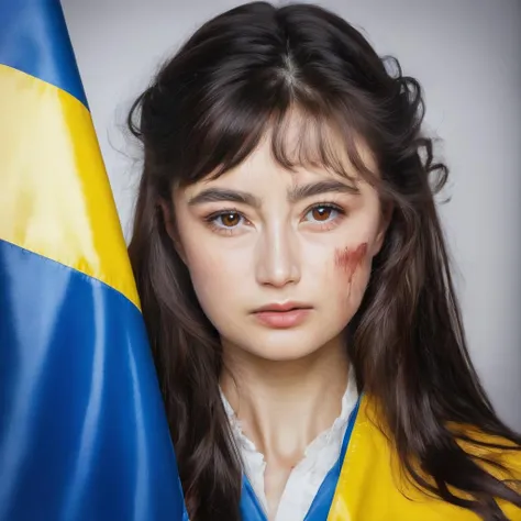 marina_mazepa, <lora:MarinaMazepaXL:1>,long hair, looking at viewer, bangs, simple background, brown hair, black hair, holding flag, hair between eyes, closed mouth, hair over one eye, book, messy hair, portrait, close-up, realistic, (ukrainian flag)