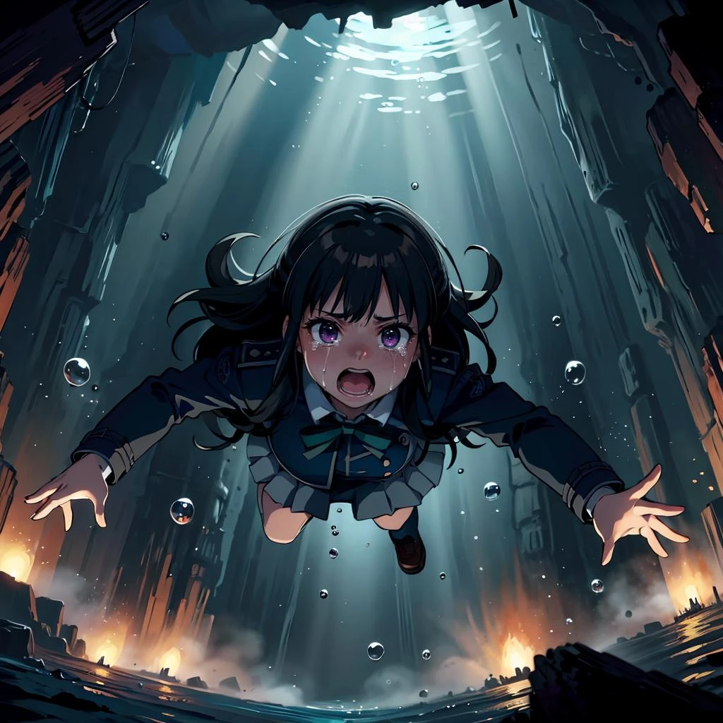 masterpiece,best quality,highly detailed,1girl,solo,scared,panicking,open mouth,crying,crying with eyes open,tears,tearing up,screaming,
<lora:takina_inoue_v1:0.75>, takina inoue,purple eyes,black hair,long hair,lycoris uniform,green ribbon,long sleeves,two-tone dress,pleated dress,collared shirt,kneehighs,
BREAK
<lora:escapingCave:0.4>,caveDiving,diving,air bubble,floating,swimming,cave,debris,dark,dark theme,full body,