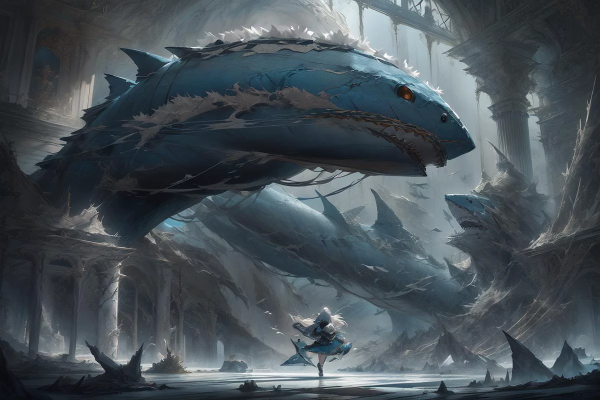 (Fluffy puppet material,best detail,Fantasy mythology:1.3), (sea,fish:1),((Giant Shark,paleontology : 1)),(best quality,master piece:1.44)flying fish,volador, white theme, dark blue theme, 1girl, ultra high res, masterpiece, best quality, infected face,black,highly detailed face, perfect eyes,Marble building, <lora:Concept - School of Fish_v1.1:0.7> <lora:M4rbleSCNEWCIVIT:0.7> <lora:cushion_v1:0.3>