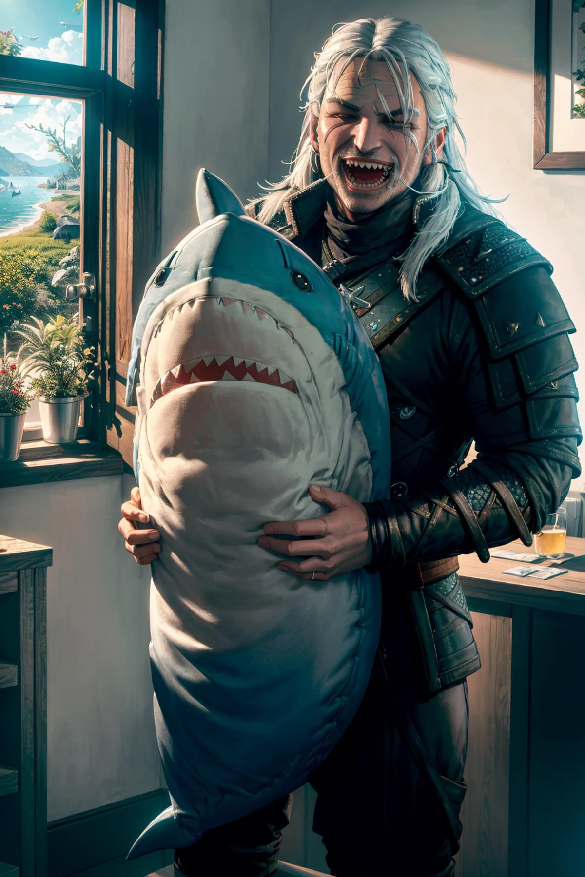 masterpiece, 8k, natural lighting, soft lighting, sunlight, HDR (High Dynamic Range), Maximum Clarity And Sharpness, Multi-Layered Textures,
(Geralt serving a giant shark doll from IKEA:1.4), ((laughing:1.3)), cinematic lighting, film grain,perfect detail hands,perfect detail fingers,<lora:cushion_v1:0.2>
