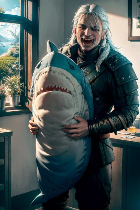 masterpiece, 8k, natural lighting, soft lighting, sunlight, HDR (High Dynamic Range), Maximum Clarity And Sharpness, Multi-Layered Textures,
(Geralt serving a giant shark  doll from IKEA:1.4), ((laughing:1.3)), cinematic lighting, film grain,perfect detail hands,perfect detail fingers,<lora:cushion_v1:0.2>