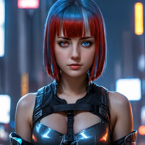 a beautiful <lora:empresshacker:0.9> empresshacker girl in cyberpunk clothes, with eyes of different colors, detailed beautiful blue red hair, in a cyberpunk night city, highly detailed face and eyes, full-length photo, high resolution, masterpiece, detailed, intricate, masterpiece very ultra-detailed wallpaper 4k, solo, alone, muted colors, high detail, best quality, best shadow, very aesthetic, highest quality, 8k