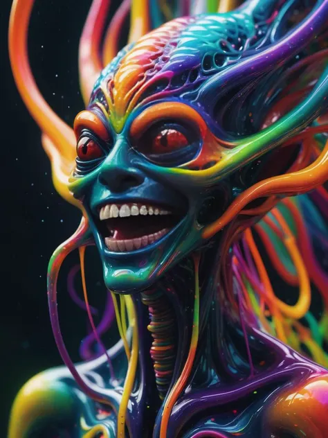 Psychedelic style impossibly beautiful portrait of a semi-translucent alien shapeshifter entity, insane smile, intricate complexity, surreal horror, inverted neon rainbow drip paint, trending on art station, photoreal, 8 k, octane render. dusty, 
 . Muted colors, swiriling patterns, abstract forms, surreal, trippy