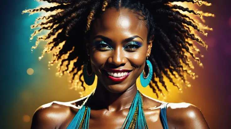 Psychedelic style A RAW photograph of a beautiful 33yo [African:0.01] woman wearing a sexy outfit, [sarcastic smile], (looking into the camera with clear eyes). (realistic skin details), highly  long eyelashes, [large breasts], natural skin details, passionate smile, teased hair, messy hair, highly sexual, detailed, volumetric lighting, dramatic lighting, clear atmosphere, gritty, grungy, realistic photograph. Cinematic film grain and other film effects. Vivid color, Vibrant colors, contrast between foreground and background color schemes, RAW photo.  (dirt, grime, grit, film grain,)   . Vibrant colors, swirling patterns, abstract forms, surreal, trippy