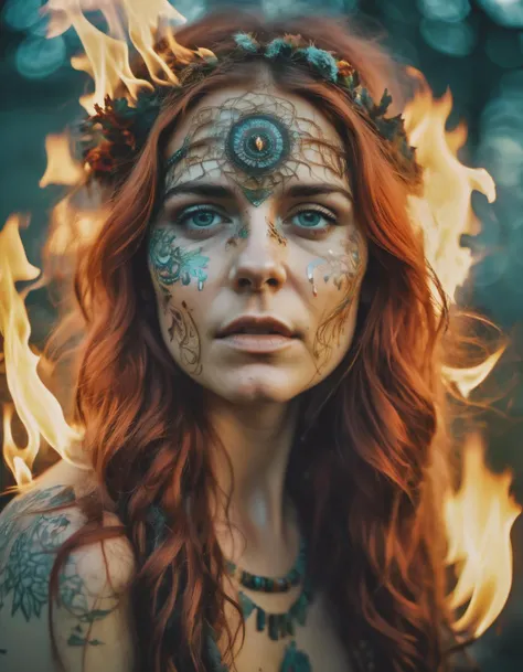 photograph, surreal, Flaming burly Bohemian Girl, at Overcast, [stylized by Carne Griffiths| (Pendleton Ward:1.2) ], insane details, mosaic, still, film camera, F/2.8, Cathode tube, Double Exposure