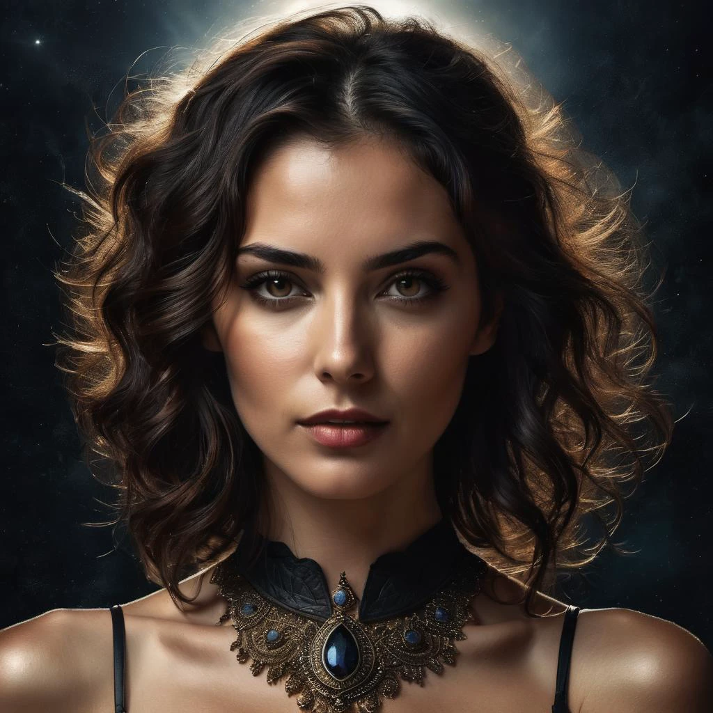 Dark fantasy concept art of  A RAW cinematic style photograph of a beautiful 28yo Italian woman. Long eyelashes, [tiger eyes], (looking into the camera), nice breasts, wild teased hair, Sexy, exotic, sarcastic smile, long eyelashes, (plump lips), (tiny freckles and realistic skin details). brunette, latex choker, short hair, ultra fine skin freckles and minor details, moist lips, [Caucasian nose, Latino lips, Asian hair], high contrast, rich color, (playful expression). . magnificent, celestial, evil, cinematic, epic, majestic, magical, fantasy photography, cover art, gritty and realistic