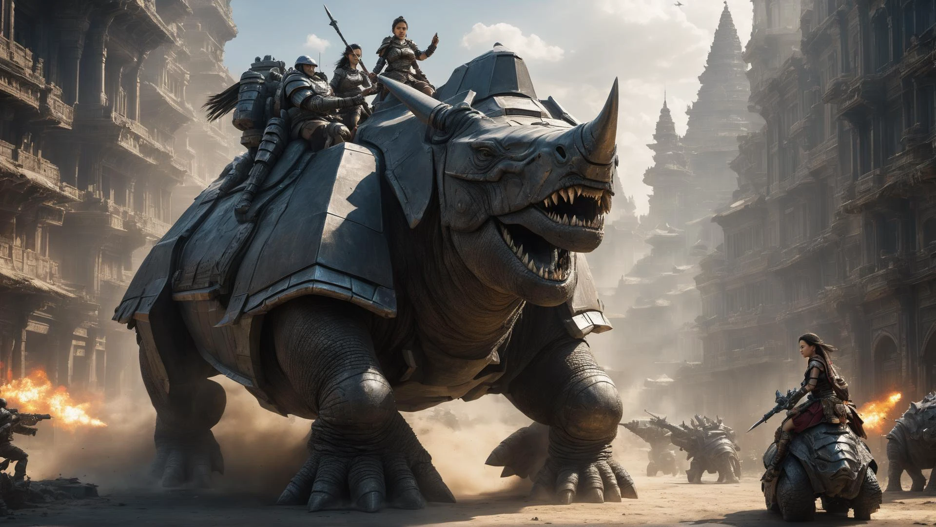 In a dystopian future, a Yughur princec, riding on a war rhino ,her warrier behind her, looking at viewer, ultra detailed hands, perfect hands, afternoon, perfect lighting, best quality, ultra high res face & eyes, (masterpiece:1.2) <lora:Aztaka:1>