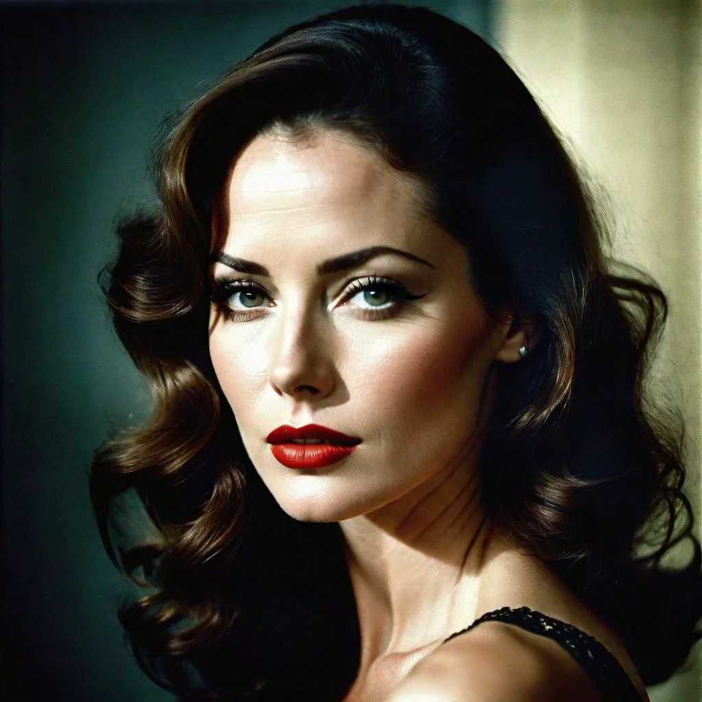 Film noir style A RAW photograph, of a beautiful 31yo woman's face. [fine lines, faded freckles], highly detailed skin, moist lips, [long eyelashes], [clear separation between lips and teeth]. [subtle expression of joyful excitement], cinematic flair, (absolute realism) vivid color and contrast. . Muted color, high contrast, dramatic shadows, 1970s style, mysterious, cinematic