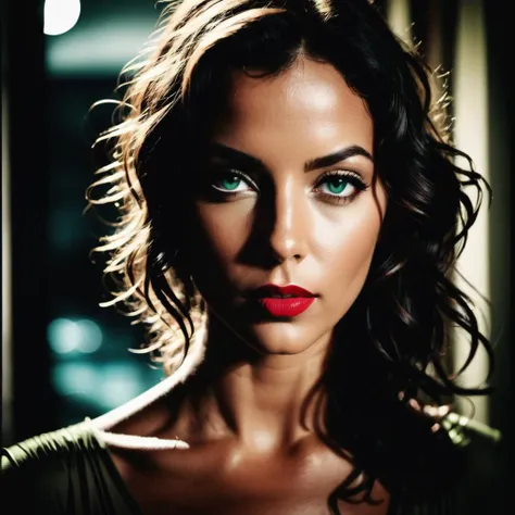 Film noir style A RAW photograph of a 31yo woman, moist eyes and lips. realistic tan skin, brunette, wet natural light color lipstick, moist lips, (ultra fine lines and faded freckles), [long natural eyelashes], [sarcastic smile], moody atmosphere, looking into the camera. Incredible realism, sharp focus. gritty, film grain, chaotic details in the skin. . Muted color, high contrast, dramatic shadows, 1970s style, mysterious, cinematic