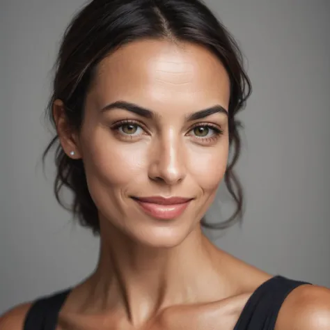 Minimalist style A RAW photograph of a beautiful 38yo woman, moist eyes and lips. realistic tan skin, brunette, wet natural light color lipstick, plump moist lips, plump upper lip, ultra fine lines and (faded freckles), [long natural eyelashes], [Caucasian nose, Latino lips, Italian hair], playful smile, moody atmosphere, looking into the camera. Incredible realism, sharp focus, film grain. clear distinction between lips and teeth. . Simple, clean, uncluttered, modern, elegant