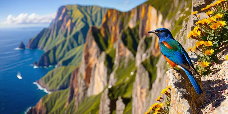 Colorful birds descend the steep cliffs, they zoom by us. (A sleek bird is in the foreground closeup to us).