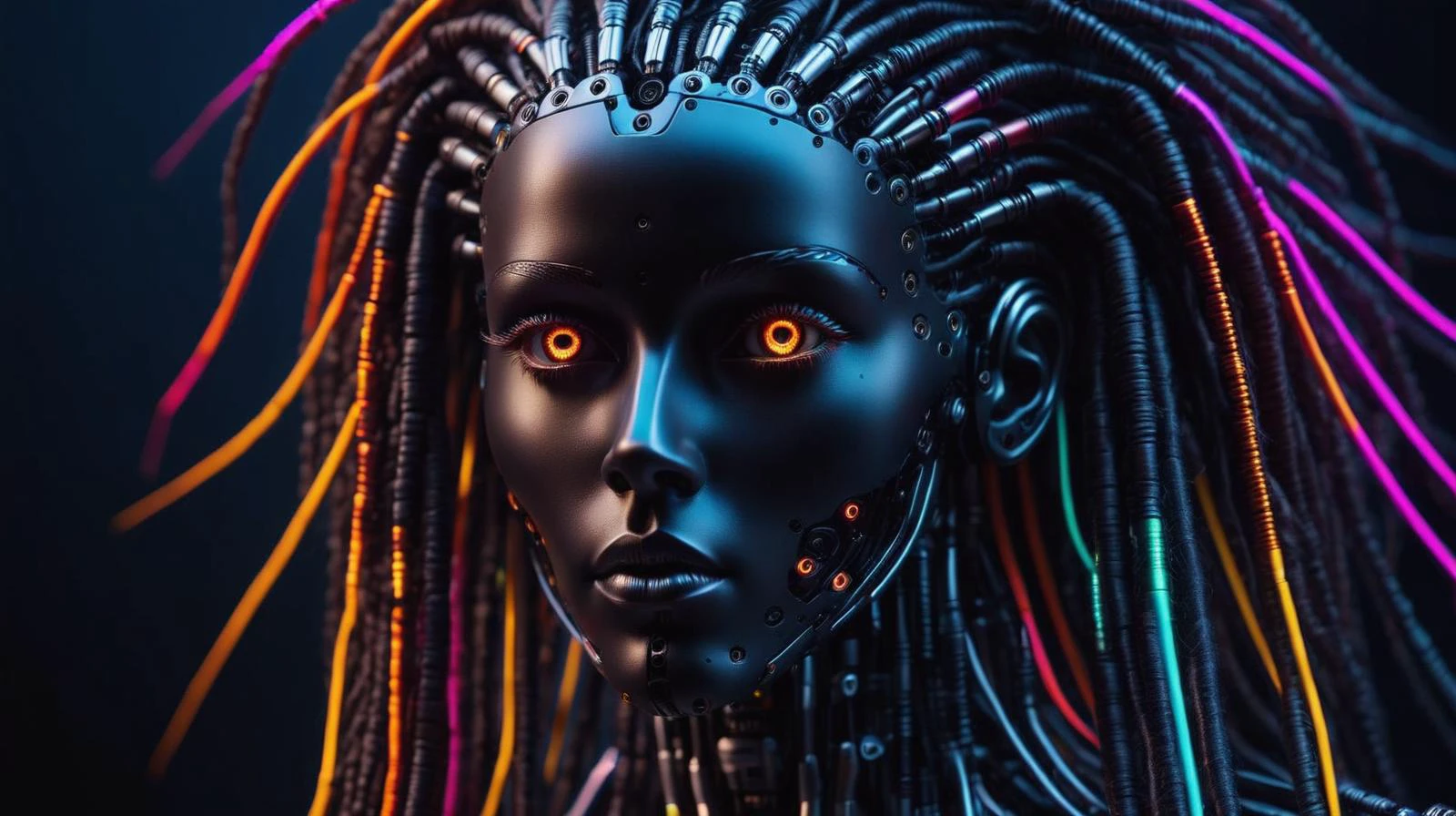 cinematic film still A RAW photo of a beautiful robotic woman made of hi tech materials, multi color neon dreadlocks, (robotic eyes), metal wall background. (looking into the camera, black skin, . shallow depth of field, vignette, highly detailed, high budget, bokeh, cinema-scope, moody, epic, gorgeous, film grain, grainy <lora:Roboticizer:1.2>