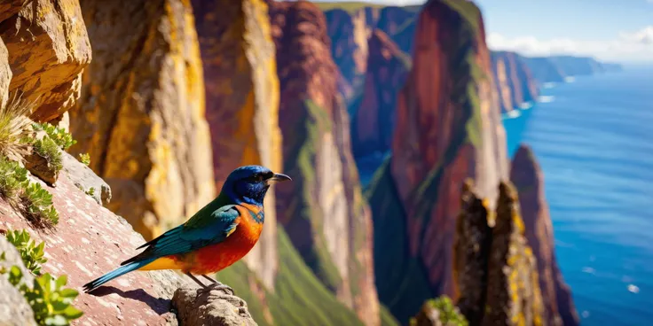 Colorful birds descend the steep cliffs, they zoom by us. (A sleek bird is in the foreground closeup to us).
