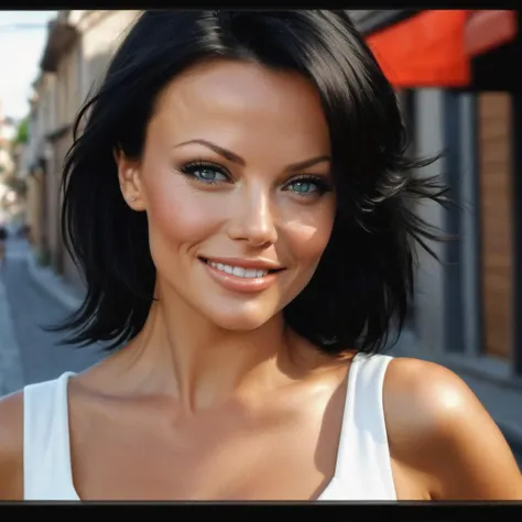 photo of beautiful, a morph of pamela anderson & ema stone, ((ultra detailed, masterpiece, best quality)), sfw, best quality, ultra high res, ultral detailed face and eyes, (photorealistic:1.4), 1girl, grey eyes, short black hair, , looking at viewer, cute smile , outside, city, alley way, high quality, masterpiece <lora:FWPaulina_V2:1>, <lora:jp_school_uniform:1>