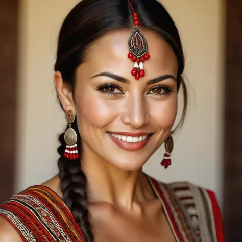 Tribal style A RAW photograph of a beautiful 31yo woman. realistic facial details, Sexy, [exotic], [sarcastic smile], Long eyelashes, plump lips, tiny freckles and realistic details. brunette. short hair, [Caucasian nose, Latino lips, Asian hair] . Indigenous, ethnic, traditional patterns, bold, natural colors, highly detailed