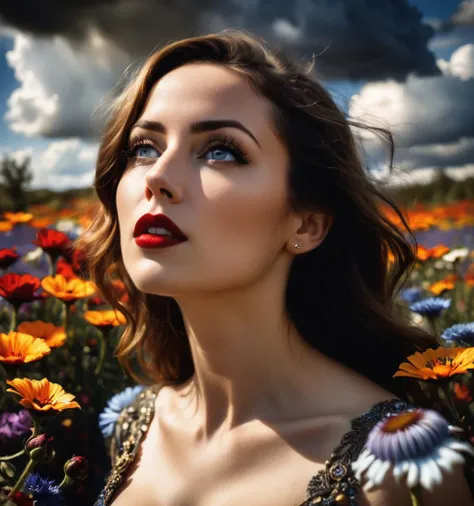 A dark fantasy styled RAW photograph, of a beautiful 31yo woman with an open mouthed look of awe, long black eyelashes,[large breasts],  Tilt shift, alien flower garden, total realism., tripy, LSD trip. wild muted colors. highly detailed. (chrome lipstick) flowers made of melting metal, copper, brass, and dripping paint. tam skin, (dark clouds gather)