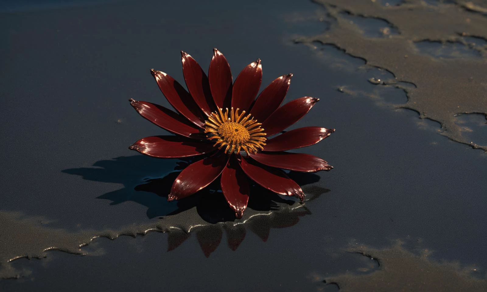 A single Tiny Metal flower grows on a black sandy beach, Vivid contrast and grainy detail are abundant, and chaos seems absent in this surrealism styled oil painting, [Tiny maroon and sea foam accents reside on the edges of the canvas]. Moody and gothic, [one muted tope accent], more detail on the edges and open in the middle, Grungy dark muted textures, some muted yellows, in the sky the painting extends to the edges of the highly muted and textured oil canvas. slight tilt shift ads depth and majestic scale.