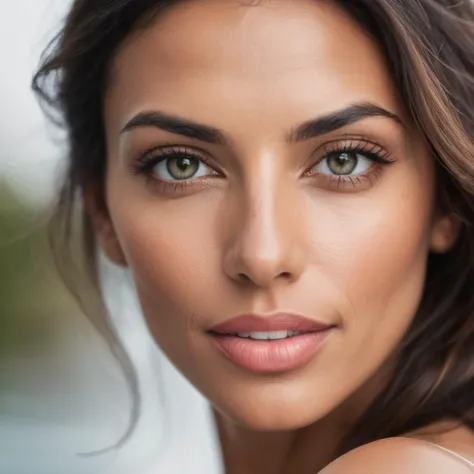 A RAW photograph of a beautiful 38yo woman, moist eyes and lips. realistic tan skin, brunette, wet natural light color lipstick, plump moist lips, plump upper lip, ultra fine lines and (faded freckles), [long natural eyelashes], [Caucasian nose, Latino lips, Italian hair], playful smile, moody atmosphere, looking into the camera. Incredible realism, sharp focus, film grain. clear distinction between lips and teeth.