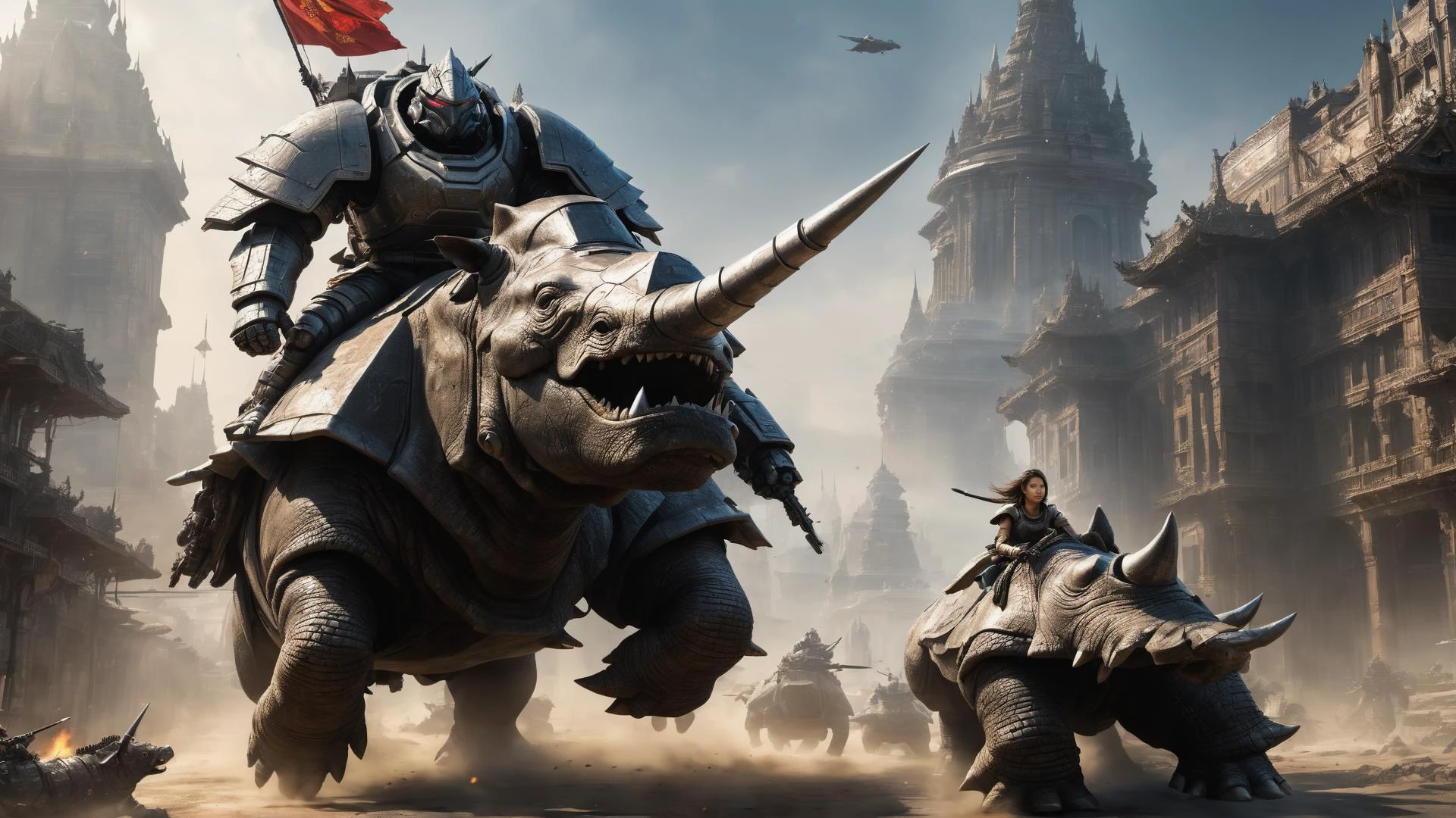 In a dystopian future, a Yughur princec, riding on a war rhino ,her warrier behind her, looking at viewer, ultra detailed hands, perfect hands, afternoon, perfect lighting, best quality, ultra high res face & eyes, (masterpiece:1.2) <lora:Aztaka:1>
