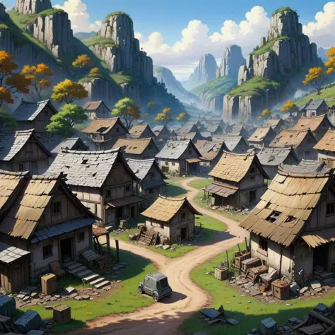 ruined village,cluttered, art by murata, inspired by elmore, <lora:LCM_LoRA_Weights:0.8>