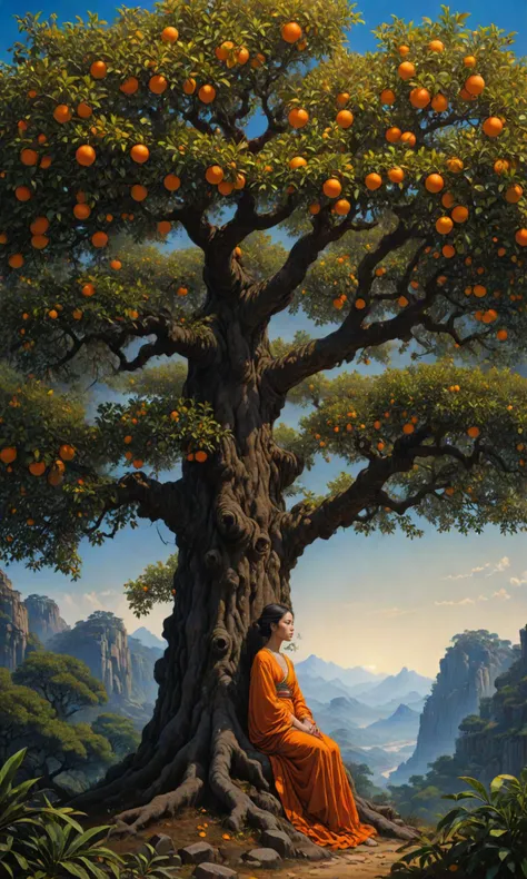A contemplative landscape with an orange tree, highly detailed oil painting by Annie Leibovitz and Steve McCurry, 8k, HD, trending on artstation, vivid colors, wide angle shot, cinematic lighting, masterpiece, lightwave colors. rule of thirds. Beksinski painting. art by Takato Yamamoto; artwork by John "Phelan; artwork <lora:Details:0.85> <lora:Fast:0.69>