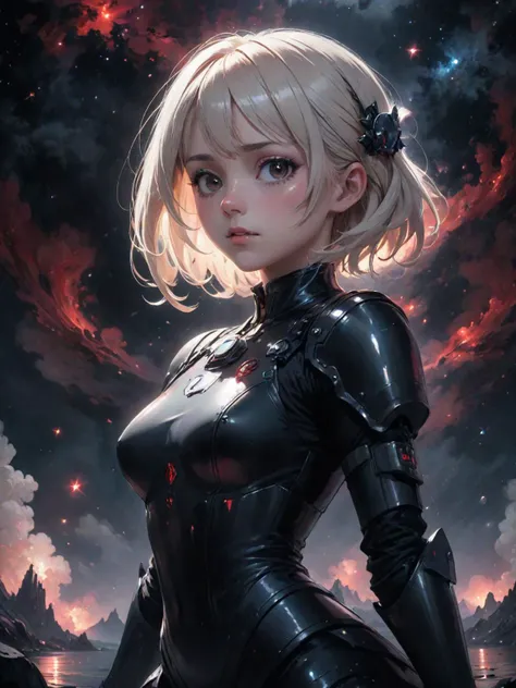 a quite night at the lake, by krenz cushart and mucha and akihito yoshida and greg rutkowski, nier:automata inspired, bravely default inspired, vibrant but dreary but upflifting red, black and white color scheme!!! space nebula background, highly detailed portrait, digital painting, artstation, concept art, smooth, <lora:LCM_LoRA_Weights:0.7>