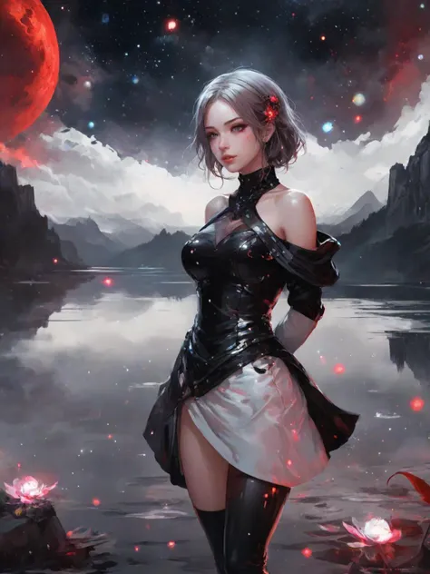 a quite night at the lake, by krenz cushart and mucha and akihito yoshida and greg rutkowski, nier:automata inspired, bravely default inspired, vibrant but dreary but upflifting red, black and white color scheme!!! space nebula background, highly detailed portrait, digital painting, artstation, concept art, smooth, <lora:LCM_LoRA_Weights:0.7>