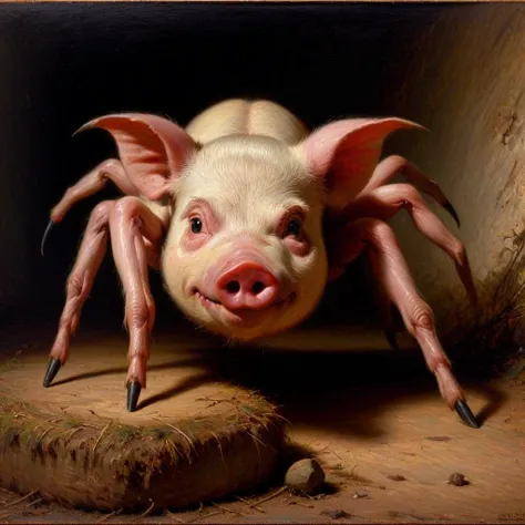 cursed pig-spider ((hybrid)),(Oil painting) (by Jean-Franois Millet), (by Gustave Courbet), (by Jules Breton), close up,, <lora:LCM_LoRA_Weights:0.8>