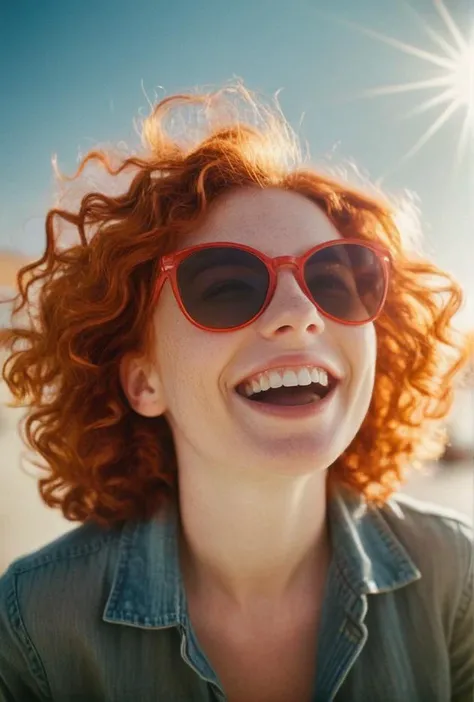 (spectacular analog color film photo of  full body redhead lady laughs and enjoys the sun)(sky is reflected in mirrored glasses)(bright red curly hair flies up in motion)(sunny day sun flare effect on photographic film)
<lora:LCM-LoRA-XL_V1:0.21>
<lora:SDXLHighDetail_v5:0.3>
<lora:ral-exposure:0.3> ral-exposure <lora:sdxl_photorealistic_slider_v1:1.2> 
<lora:RMSDXL-DarknessCinema-XL_V1:0.6>
ISO 200 faded film, 35mm photo, grainy, vignette, vintage, Kodachrome, Lomography, stained, highly detailed, found footage