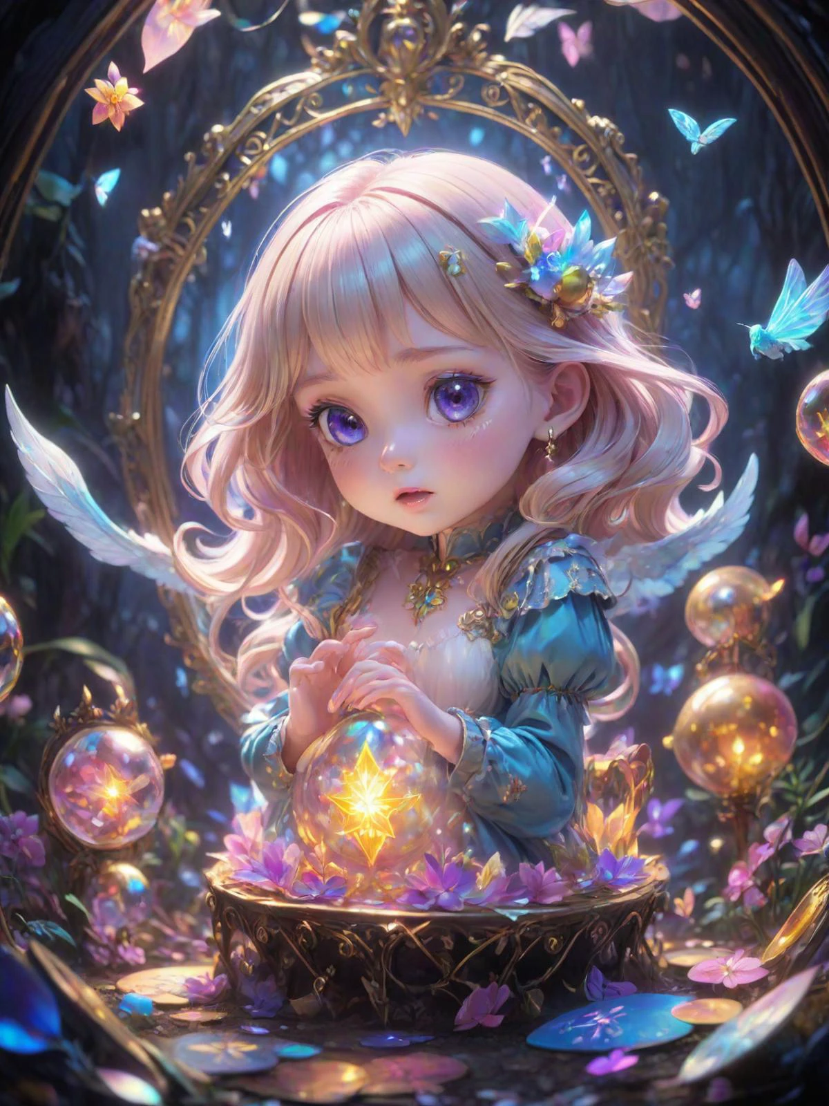 anime artwork a cute creature, a lot of little details, by ayami kojima, smooth shading, 8k, cinematic composition, octane render, concept art, trending on artstation, digital painting, anime, disney, pixar, 8k, hd, dof, kodak film, volumetric lighting, subsurface scattering, photorealistic, octane <lora:EnvyMagicalXL01:0.8> magical  <lora:DUSK_XL_TAROTCARD_dadapt_cos_5e4:0.7> Tarot Card Style <lora:Fluid holography:0.4> holography, [prompt] <lora:LCM_LoRA_Weights:0.7>, anime style, key visual, vibrant, studio anime,  highly detailed