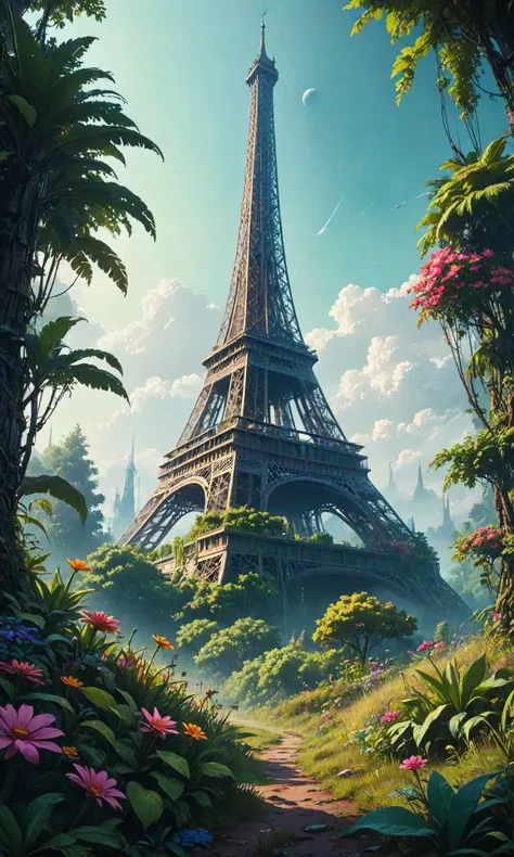 Masterpiece, A wonderful realistic fantasy landscape of a fantasy world full of mythical plants and flowers, dramatic lighting, cinematic, establishing shot, extremely high detail, photorealistic, cinematic lighting, artstation, by simon stalenhag, TheEiffel tower in the middle surrounded by lush green forest on an alien planet with colorful vegetation. In the style of John" <lora:Fast:0.69>