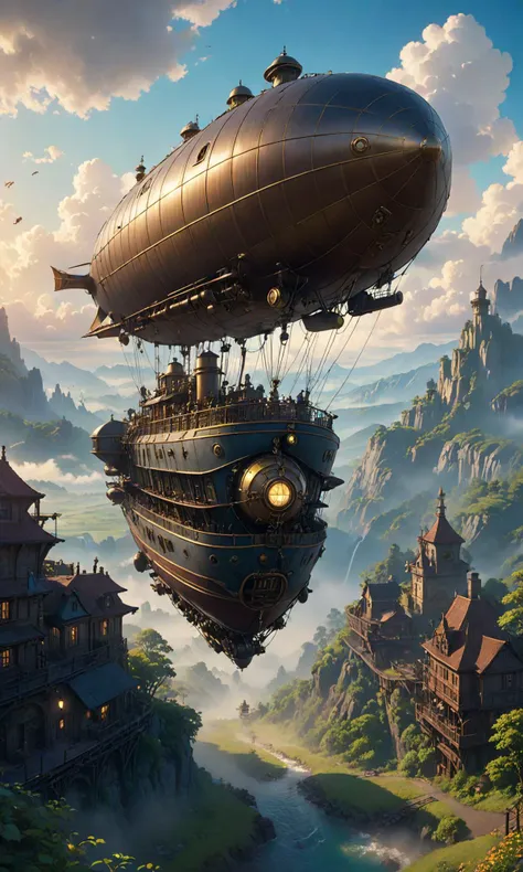 A breathtaking movie scene with a large steampunk airship flying through a beautiful fantasy landscape, dramatic lighting and composition by makoto shinkai in pixar style and studio ghibli and wes anderson film noir and denis villeneuve, 8k, trending on artstation, octane render, photorealistic, unreal engine, volum <lora:Fast:0.69>