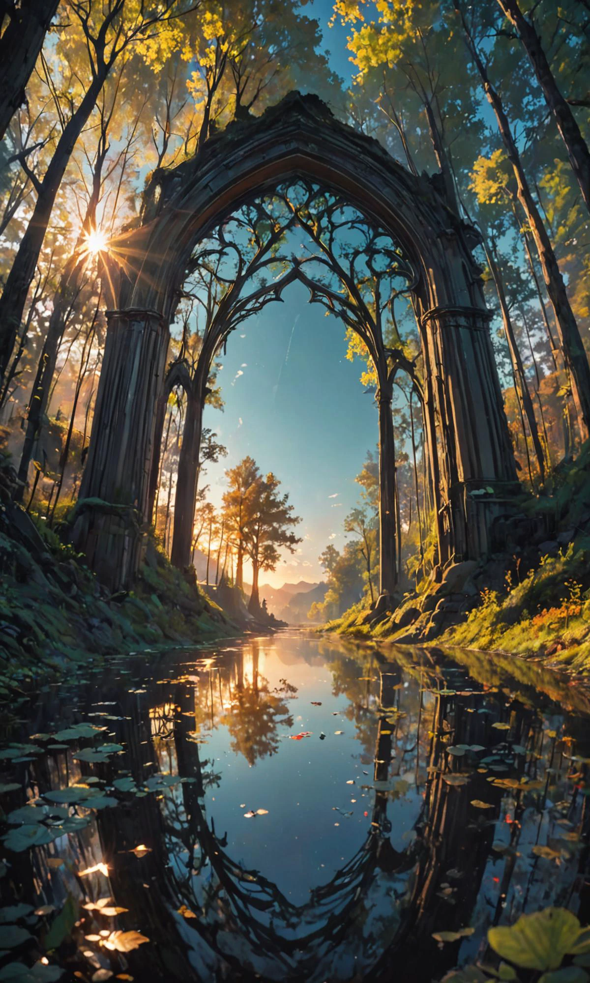 A breathtaking landscape, hyper detailed art nouveau photography incredible detailed beautiful ultrawide angle masterpiece dream depth perspective joyful happy bright natural colours low angle view, arch in the forest reflections lake clearing sunrise dramatic sky, by kilian eng with natural volumetric light morning light and shadows, smooth, sharp focus, octane render 4 k, ultra high definition, by g <lora:Fast:0.15>