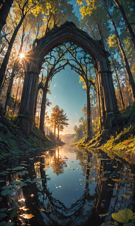 A breathtaking landscape, hyper detailed art nouveau photography incredible detailed beautiful ultrawide angle masterpiece dream depth perspective joyful happy bright natural colours low angle view, arch in the forest reflections lake clearing sunrise dramatic sky, by kilian eng with natural volumetric light morning light and shadows, smooth, sharp focus, octane render 4 k, ultra high definition, by g <lora:Fast:0.15>