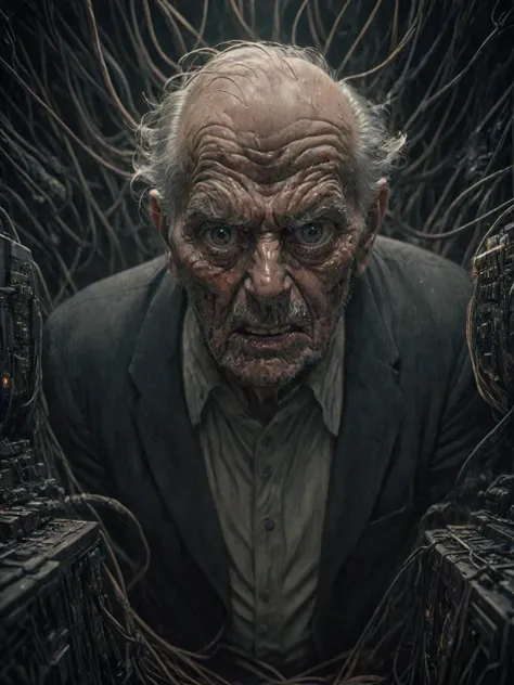 analog film photo an angry old man, looking at the viewer, in a dark room full of wires and computers. intricate, elegant, highly detailed, digital painting, artstation, concept art, sharp focus, illustration, by justin gerard and artgerm, 8 k. unreal engine. art byames gurney and laurie greasley, very coherent symmetrical artwork. cinematic, hyper realism  <lora:CyberpunkSDXL:1> Cybperunk Style, [prompt] <lora:LCM_LoRA_Weights:0.7>, dramatic lighting, faded film, desaturated, 35mm photo, grainy, vignette, vintage, Kodachrome, Lomography, stained, highly detailed, found footage
