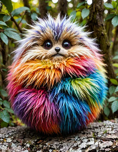 award winning photograph, colorful spherical furry fluffy soft fuzzy arboreal cryptid, adorable, cute, round, spherical, tiny [:style of larry elmore, style of Mattias Adolfsson:0.4]  <lora:LCM_LoRA_Weights:1>