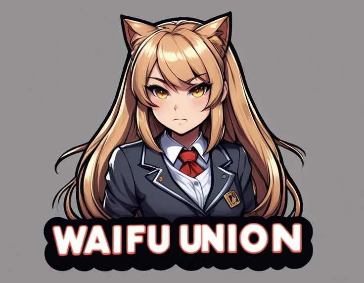 <lora:Harrlogos_v1.1:1> (WAIFU UNION text logo:1.3), angry catgirl, mundane office outfit <lora:LCM_LoRA_Weights:0.3>