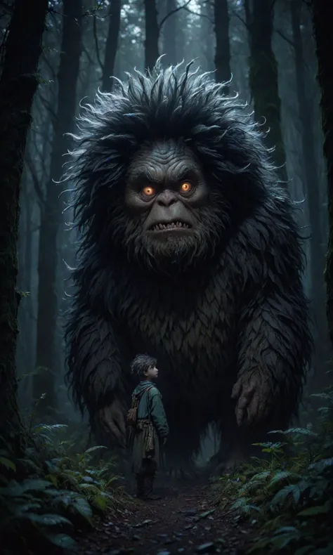 A fluffy creature with a human head in a dark forest at night, realistic photo, 4k HD, detailed, high quality. By Greg Rutkowski and James Gurney and MÅbius. Award winning photography. Cinematic. Extremely detailed face. Trending on artstation, beautiful, dramatic scene. "light effect"A new adventure. " most <lora:Fast:0.69>